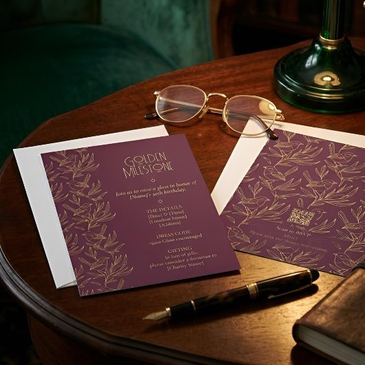 Gold Filigree Art Deco | Fairy Wren 50th Birthday 招待状