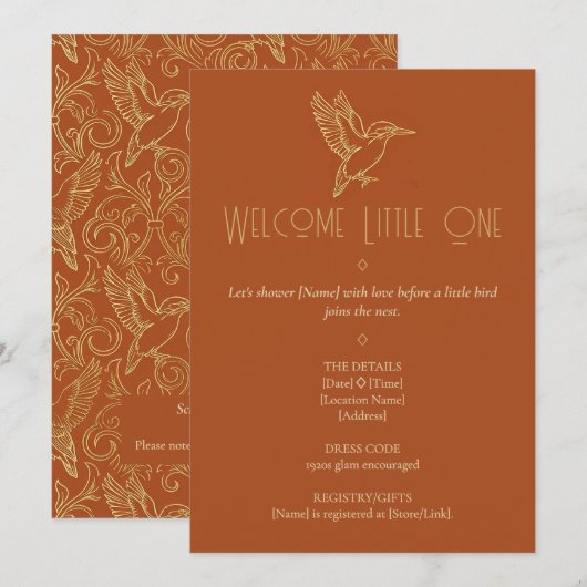 Gold Filigree Art Deco | Kingfisher Baby Shower 招待状 (正面/裏面)