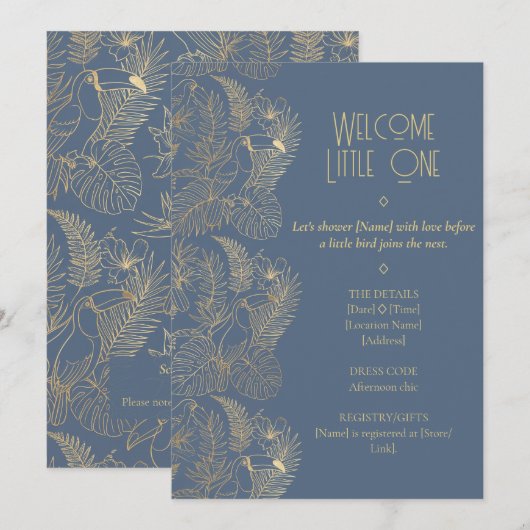 Gold Filigree Art Deco | Toucan Baby Shower 招待状 (正面/裏面)