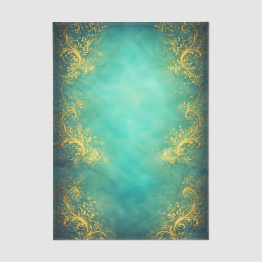 Gold Filigree, Teal Background EZ7 Decoupage 薄葉紙 (正面)