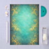 Gold Filigree, Teal Background EZ7 Decoupage 薄葉紙 (クラフト)