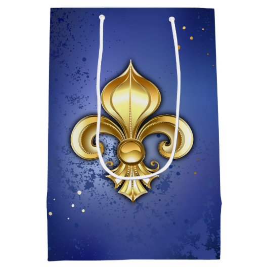 Gold Fleur de Lis on Blue ミディアムペーパーバッグ (裏面)