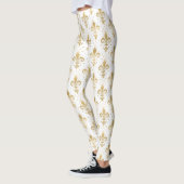 Gold fleur-de-lis seamless pattern on white レギンス (左)