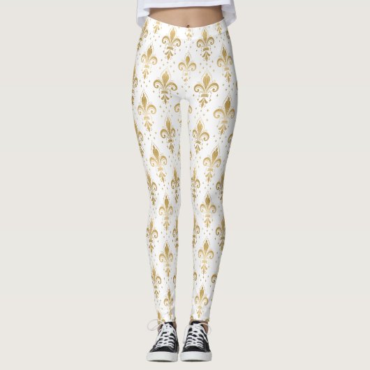 Gold fleur-de-lis seamless pattern on white レギンス (正面)
