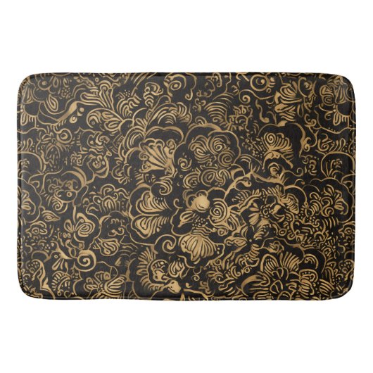 Gold Floral Baroque Pattern on Black バスマット (正面)