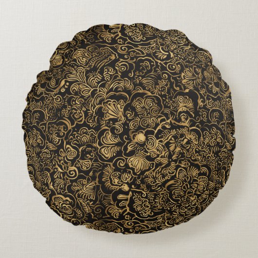 Gold Floral Baroque Pattern on Black ラウンドクッション (正面)