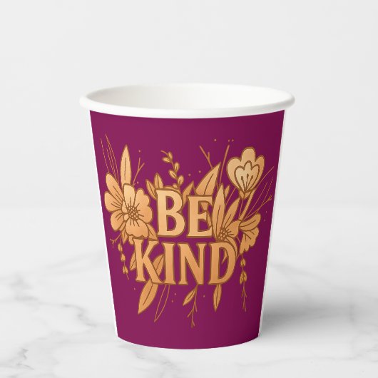 Gold Floral “Be Kind” Paper Cup – 8oz Custom Party 紙コップ (正面)