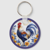 Gold Floral Blue Rooster Farmhouse キーホルダー (正面)