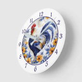 Gold Floral Blue Rooster Farmhouse ラウンド壁時計 (傾斜)