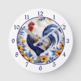 Gold Floral Blue Rooster Farmhouse ラウンド壁時計