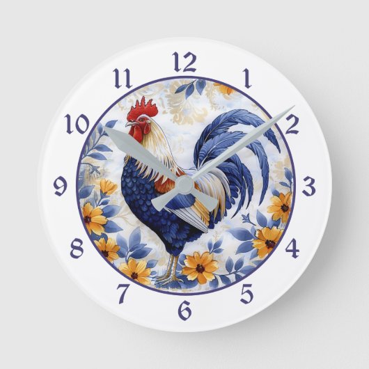 Gold Floral Blue Rooster Farmhouse ラウンド壁時計 (正面)