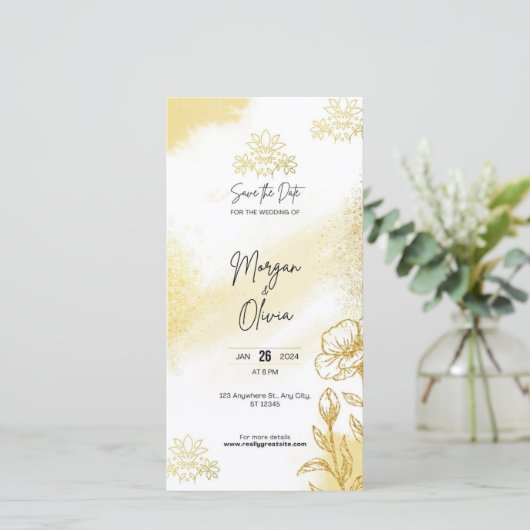 Gold Floral Elegance Save the Date Wedding Card (スタンド正面)