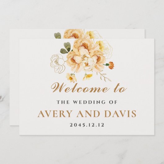 Gold & Floral Elegant Personalized Wedding  招待状 (正面/裏面)