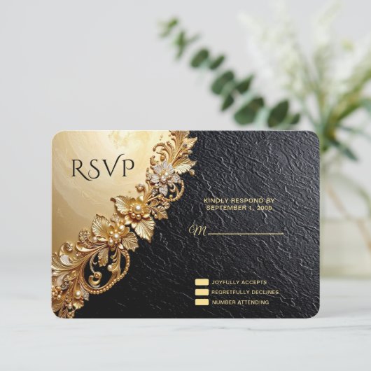 Gold Floral Embellishments RSVP Card (スタンド正面)