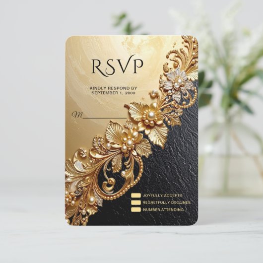Gold Floral Embellishments RSVP Card (スタンド正面)