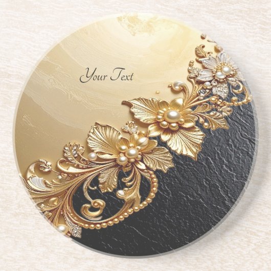 Gold Floral Embellishments Sandstone Coaster コースター (正面)