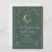 Gold Floral Moon Stars Frame Green Bridal Shower 招待状 (正面)