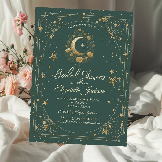 Gold Floral Moon Stars Frame Green Bridal Shower 招待状