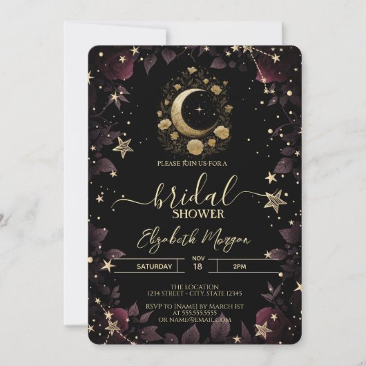 Gold Floral Moon,Stars Roses Bridal Shower 招待状 (正面)
