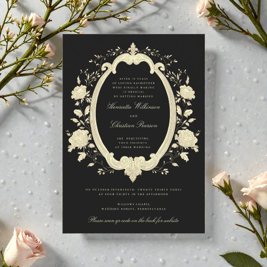 Gold Floral Oval Frame Black Elegant Wedding 招待状