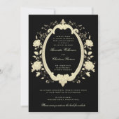 Gold Floral Oval Frame Black Elegant Wedding 招待状 (正面)