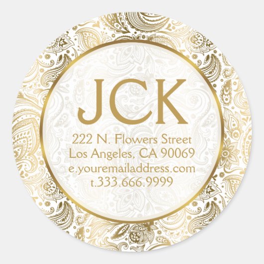 Gold Floral Paisley Pattern ラウンドシール (正面)