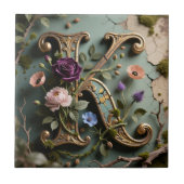 Gold Floral Patina Letter K Monogram タイル (正面)
