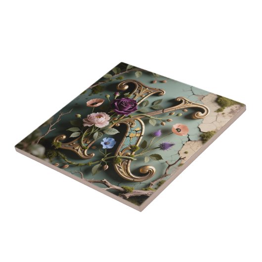 Gold Floral Patina Letter K Monogram タイル (側面)