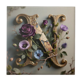 Gold Floral Patina Letter N Monogram タイル