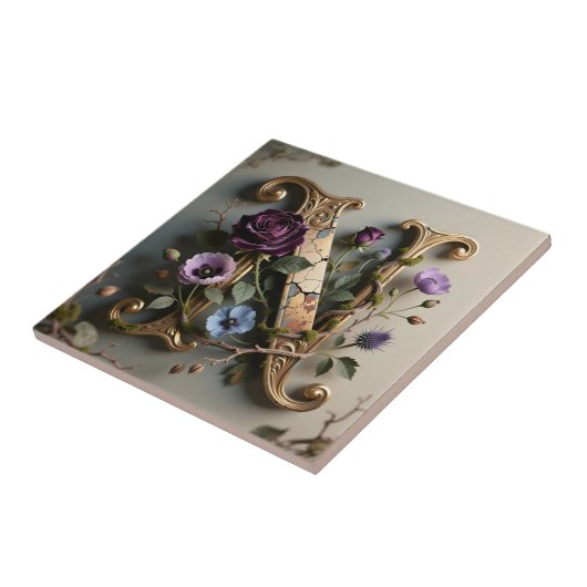 Gold Floral Patina Letter N Monogram タイル (側面)