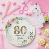 Gold & Floral Personalized Custom 80th ペーパープレート (パーティー)