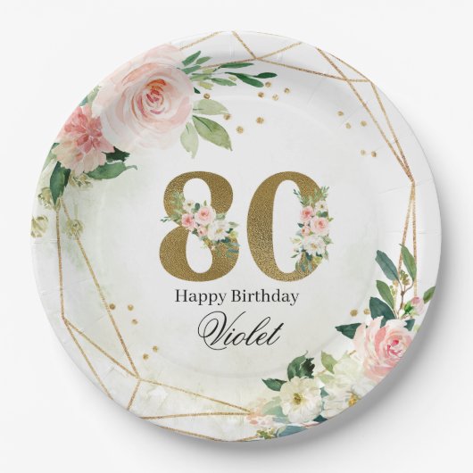 Gold & Floral Personalized Custom 80th ペーパープレート (正面)