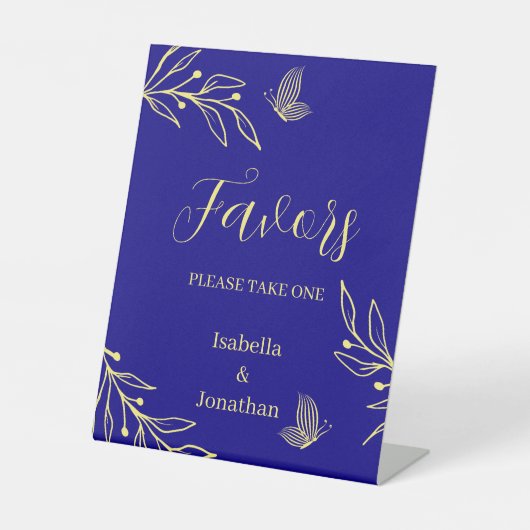 gold floral royal blue wedding favors table  台座サイン (正面)
