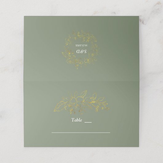 Gold Floral Sage Green Wedding Table Number プレイスカード (外部開封)