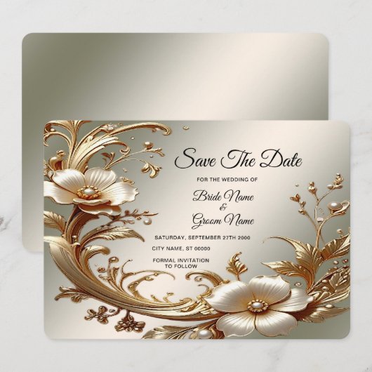 Gold Floral Save The Date セーブザデート (正面/裏面)