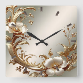 Gold Floral Wall Clock スクエア壁時計