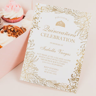 Gold floral white Tiara chic Quinceañera 招待状