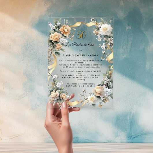 Gold Florals Invitación Bodas de Oro アクリル招待状