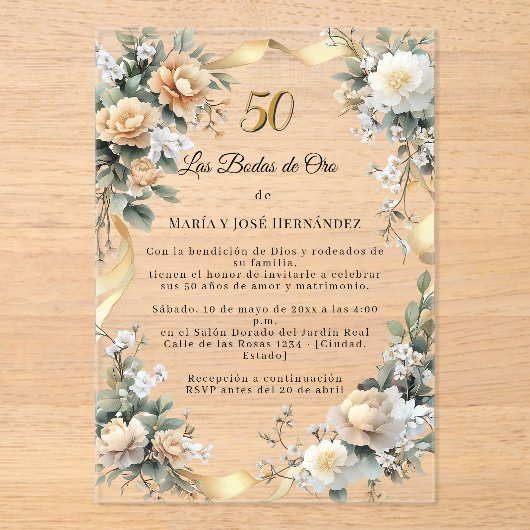 Gold Florals Invitación Bodas de Oro アクリル招待状 (正面)