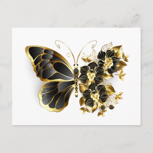 Gold Flower Butterfly with Black Orchid インビテーションポストカード (正面)