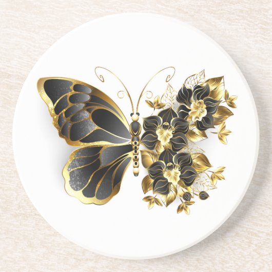 Gold Flower Butterfly with Black Orchid コースター (正面)