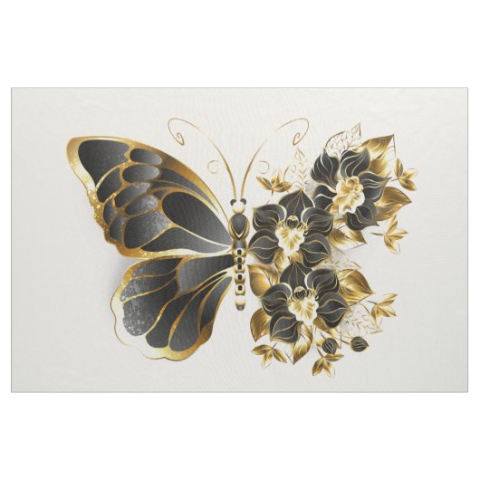 Gold Flower Butterfly with Black Orchid ファブリック (ヤード)