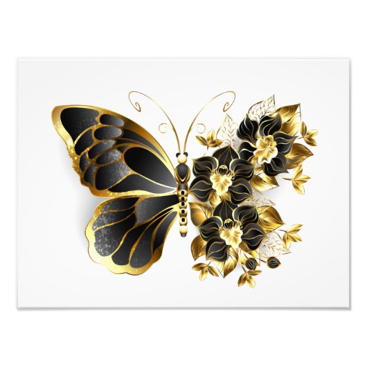 Gold Flower Butterfly with Black Orchid フォトプリント (正面)