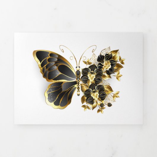 Gold Flower Butterfly with Black Orchid 三つ折り招待状 (カバー)