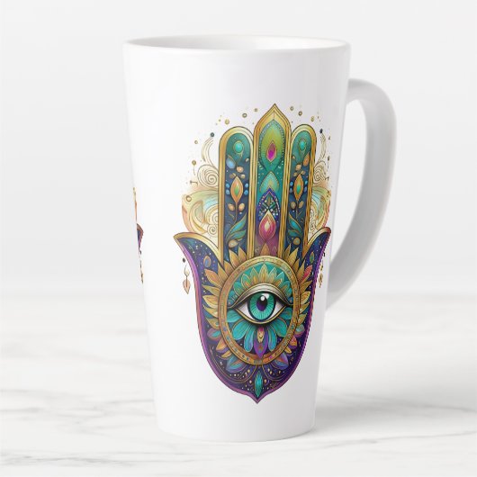 Gold Flower Petals Hamsa Turquoise Third Eye カフェラテマグ (右アングル)