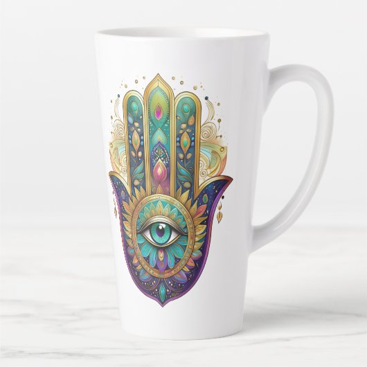 Gold Flower Petals Hamsa Turquoise Third Eye カフェラテマグ (右)