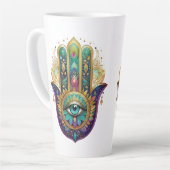 Gold Flower Petals Turquoise Third Eye Hamsa カフェラテマグ (左アングル)