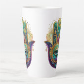 Gold Flower Petals Turquoise Third Eye Hamsa カフェラテマグ (正面)