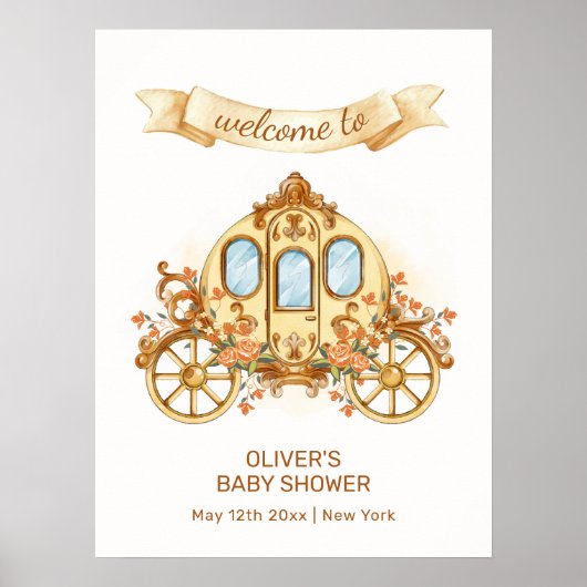 Gold Flower Prince Carriage Baby Shower Welcome ポスター (正面)