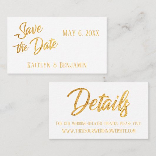Gold Foilフェイク,結婚's 詳細Save the Date Card（日付カードの保存） 名刺 (正面/裏面)